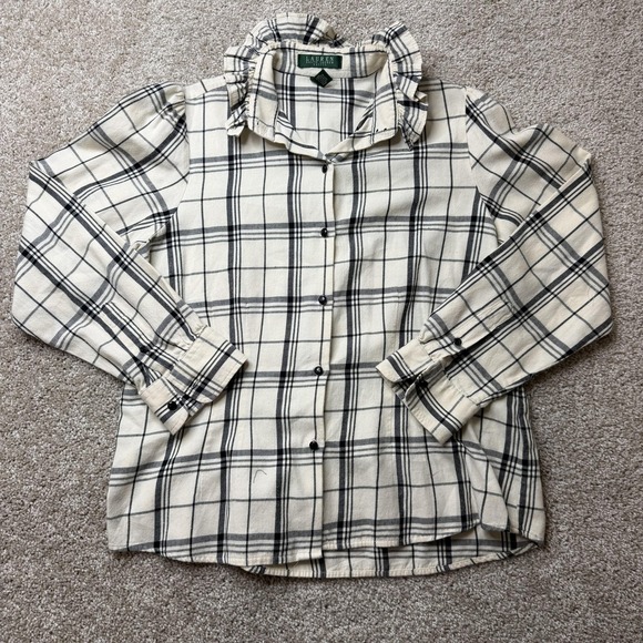 Lauren Ralph Lauren Tops - Lauren Ralph Lauren Shirt Womens Petite Large White Plaid Ruffle Flannel Top